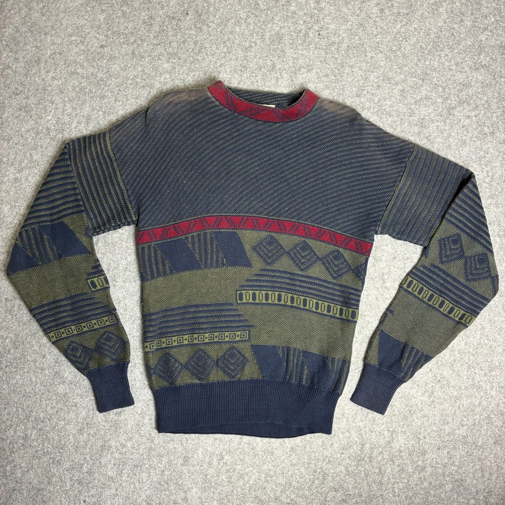 Vintage Sara International Mens M Geometric Knit Sweater Navy Blue Olive Red 90s